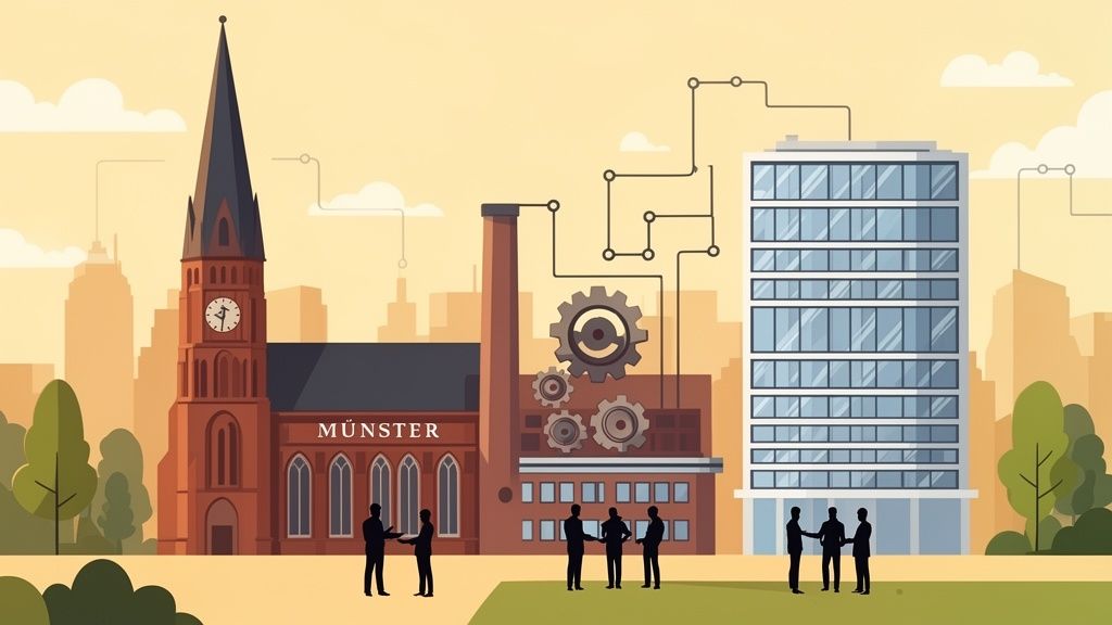 Geschäftsleute vor historischen und modernen Gebäuden in Münster, verbunden durch digitale Linien.