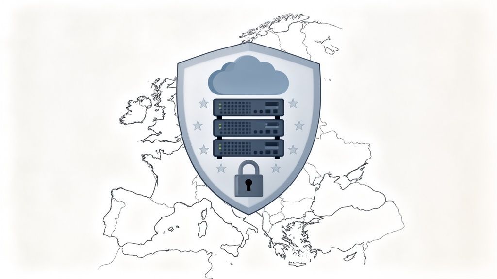 Schild mit Cloud-Servern und Vorhängeschloss über Europakarte, symbolisiert Datensicherheit und Datenschutz in Europa.