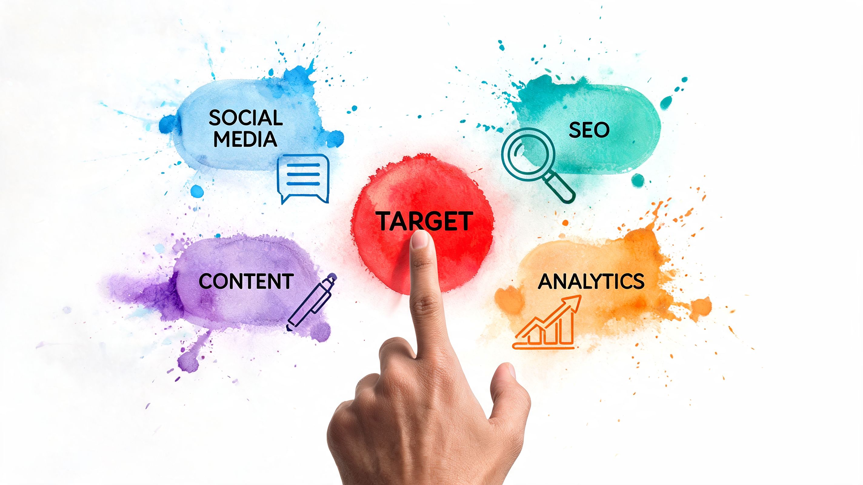 Eine Hand berührt den roten Kreis mit der Aufschrift Target, umgeben von Social Media, SEO, Content und Analytics.