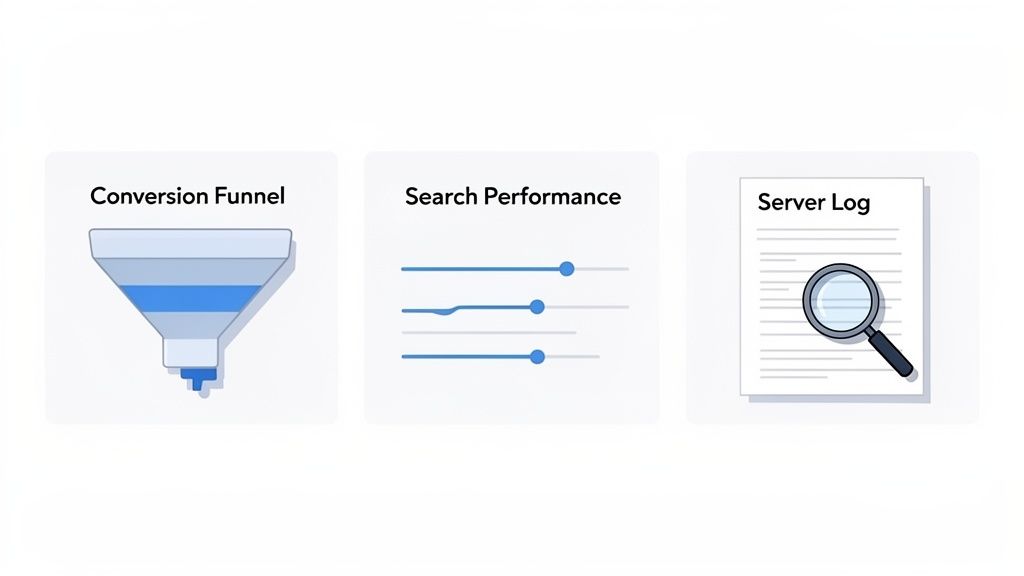 Illustration von SEO-Kennzahlen: Konversionstrichter, Suchleistung und Server-Log-Analyse-Symbole für digitale Marketingstrategien.