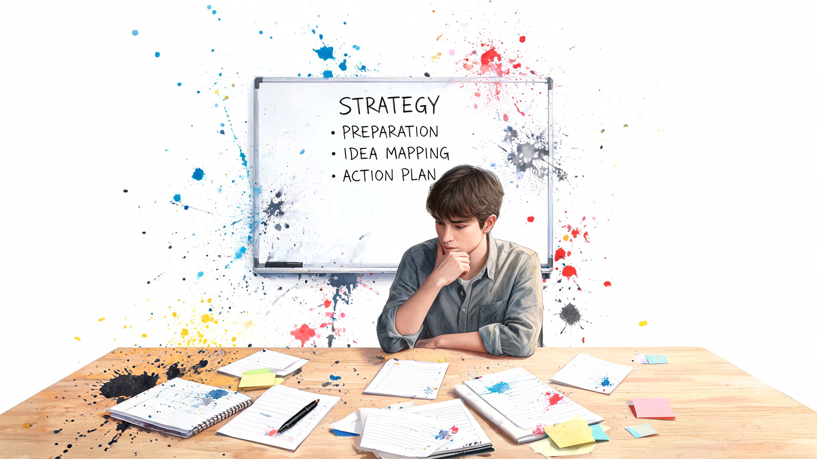 Ein junger Mann sitzt an einem Schreibtisch vor einer Whiteboard-Tafel mit einer Strategieplanung und wirkt nachdenklich.