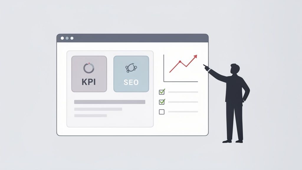 Ein Mann zeigt auf einen Bildschirm mit KPI- und SEO-Metriken, einem steigenden Diagramm und einer Checkliste.
