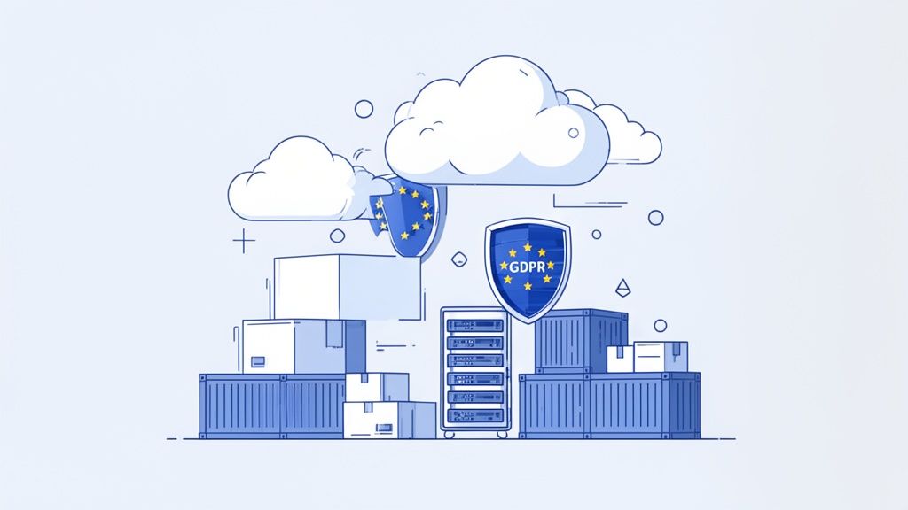Illustration von Cloud-Computing mit GDPR-Schildern, Servern und Containern für Datenschutz und Datenspeicherung.