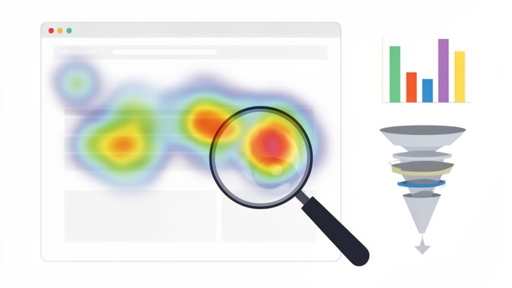 Heatmap auf einem Browserfenster mit Lupe, daneben Balkendiagramm und mehrschichtiger Conversion-Funnel zur Visualisierung von UX-Analyse und Daten.