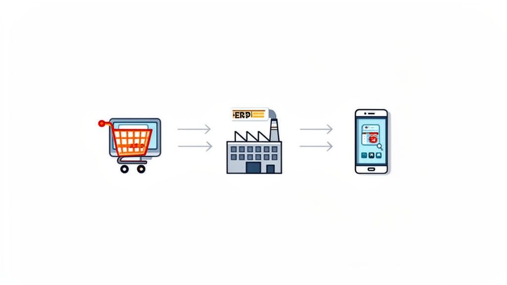 Darstellung des Online-Bestellflusses von einem Einkaufswagen-Monitor über ein ERP-System zu einer mobilen App.