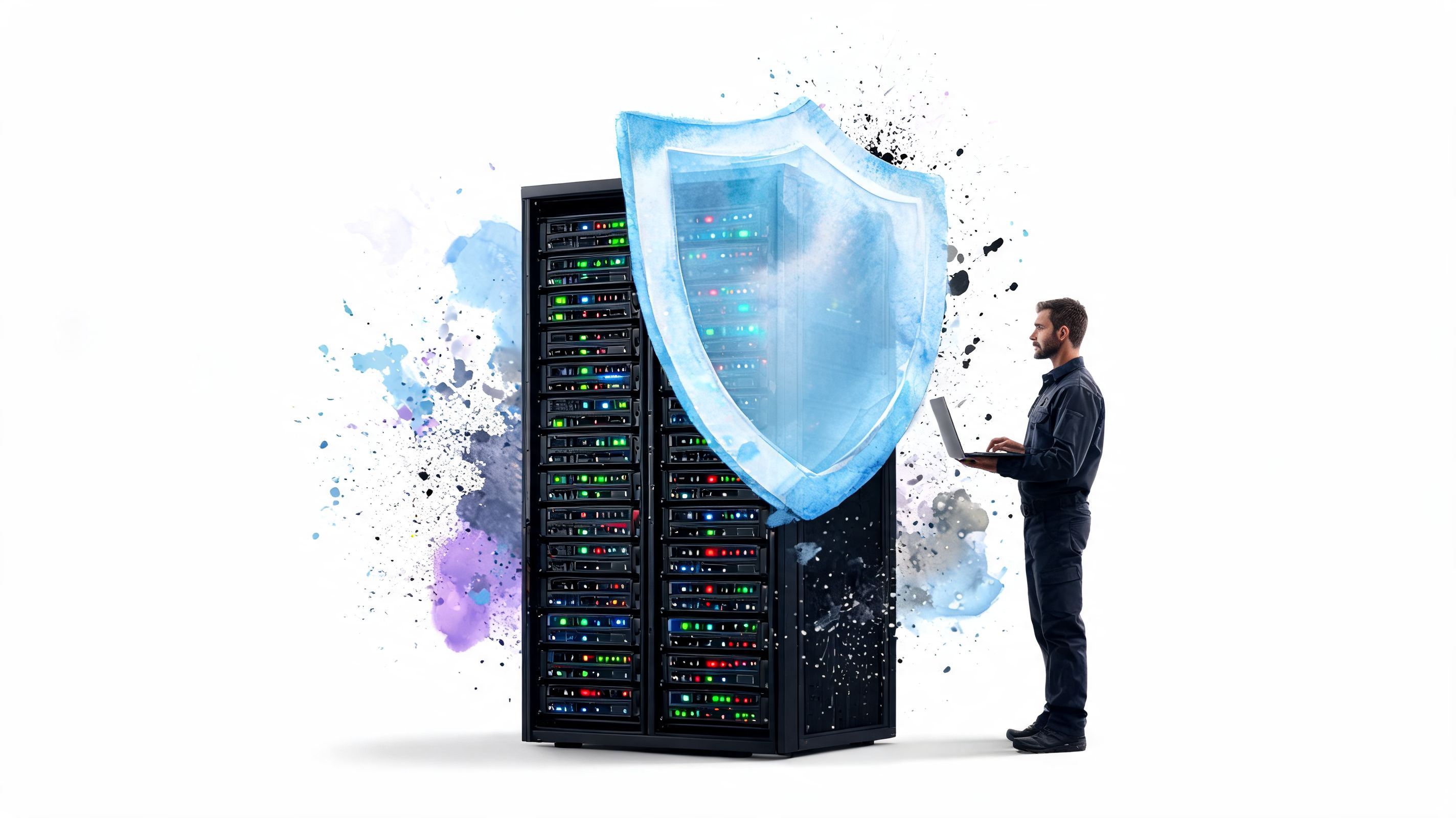 Ein IT-Techniker mit Laptop überprüft einen geschützten Serverraum, dargestellt durch ein blaues, abstraktes Schutzschild-Symbol.