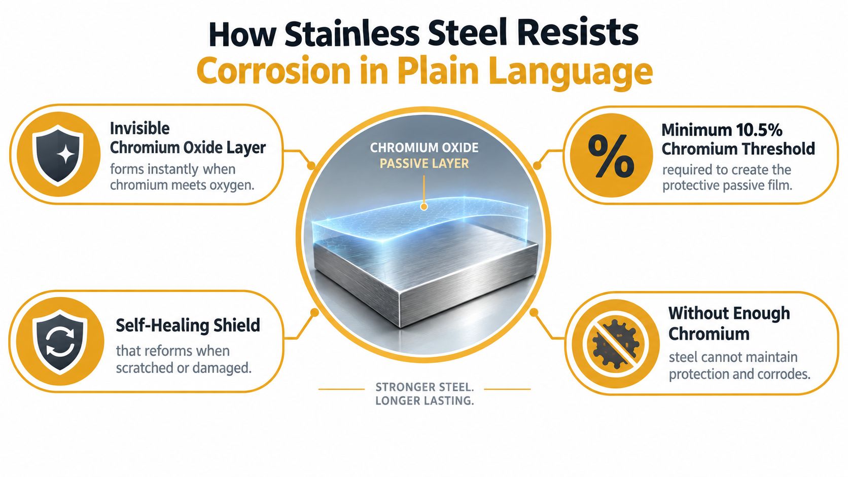 An infographic explaining how stainless steel resists corrosion through a self-healing chromium oxide passive layer.