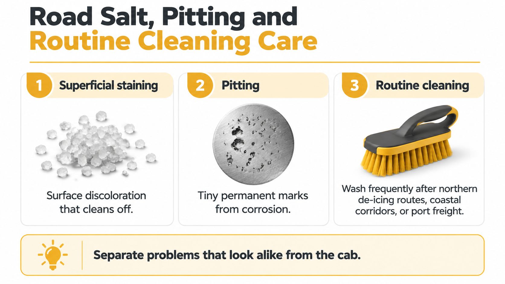 An infographic illustrating how to prevent road salt damage, pitting, and maintain stainless steel bumper surfaces.