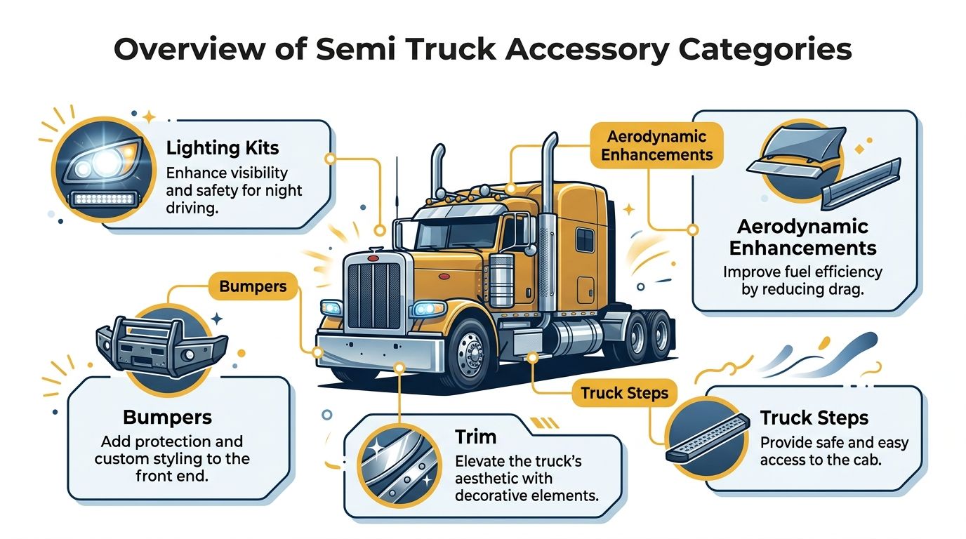 An infographic showing various categories of semi truck accessories, including lighting, bumpers, aerodynamic enhancements, and truck steps.