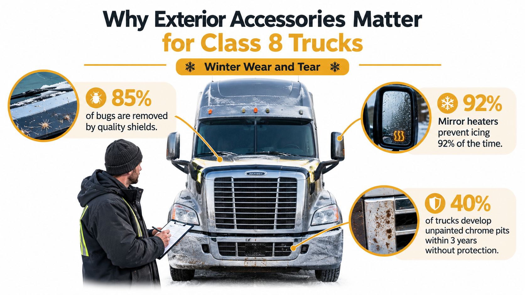 A truck driver inspects a semi truck featuring various exterior accessories that protect against road wear.