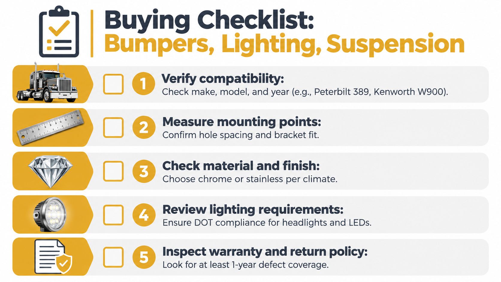 A five-step buying checklist for aftermarket semi truck parts like bumpers, lighting, and suspension components.