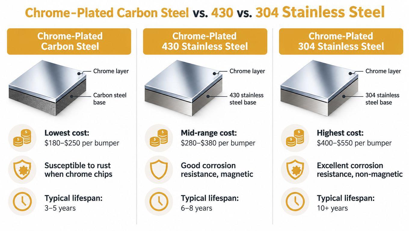 A comparison chart highlighting the differences in cost, rust resistance, and lifespan between carbon steel and stainless steel bumpers.