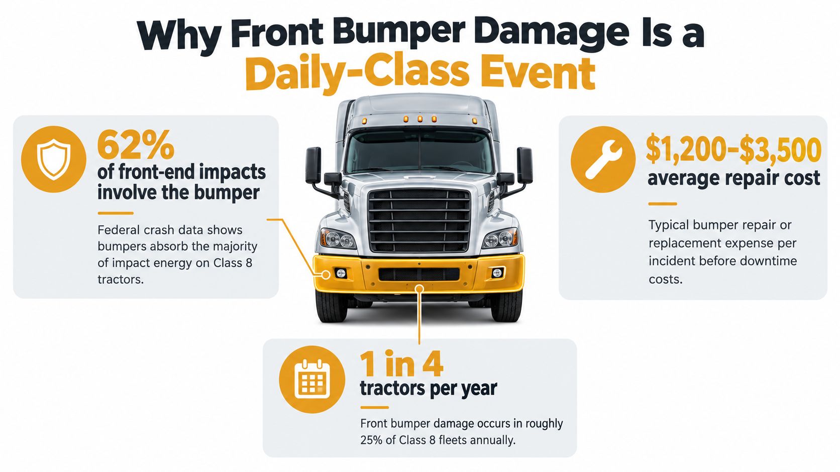 An infographic detailing statistics about Class 8 tractor front bumper damage, repair costs, and incident frequency.