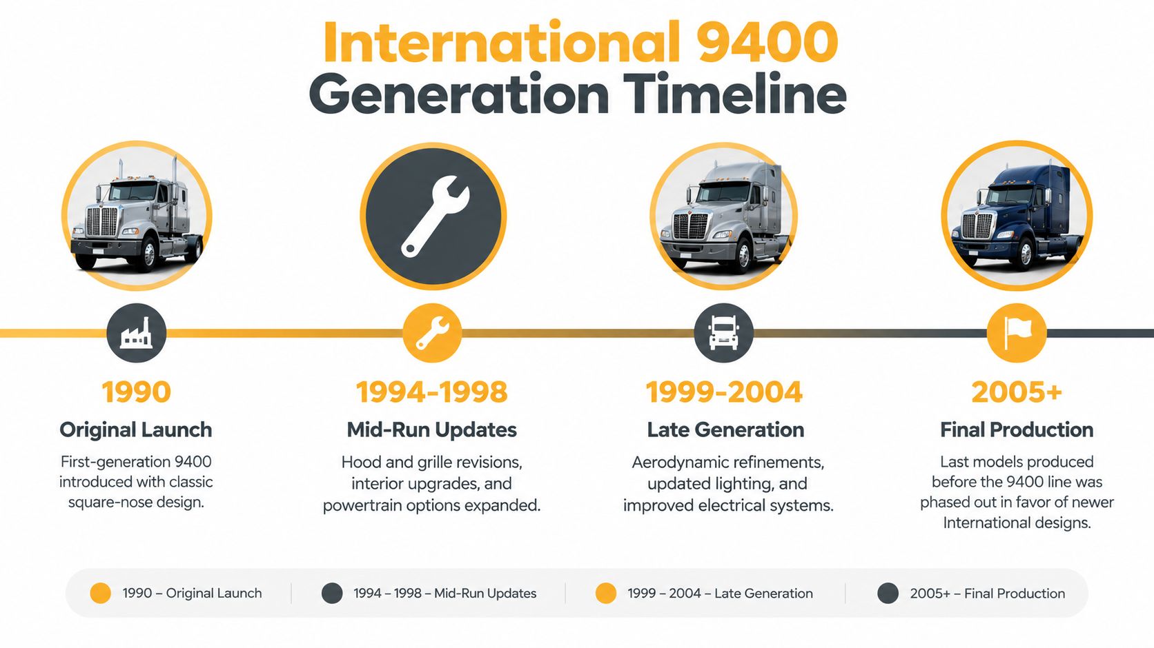 A timeline graphic showing the production history of the International 9400 truck from 1990 to 2005+.