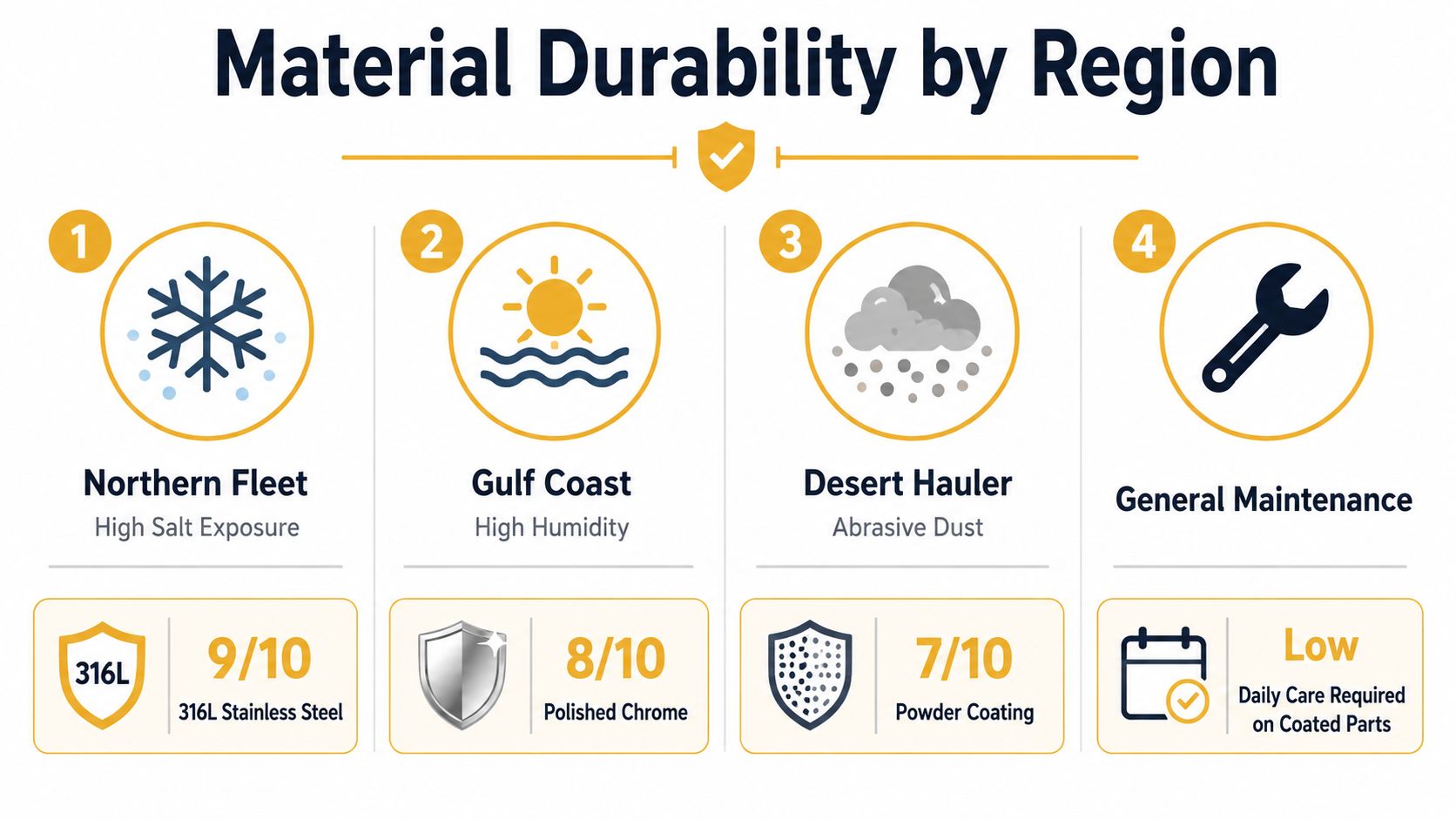 A chart showing material durability ratings for different environments including Northern Fleet, Gulf Coast, and Desert Hauler.