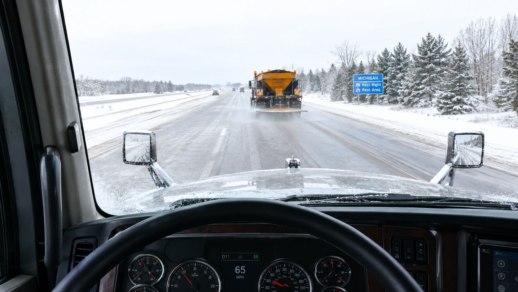 View from the driver's seat of a truck following a winter road maintenance vehicle on a highway.