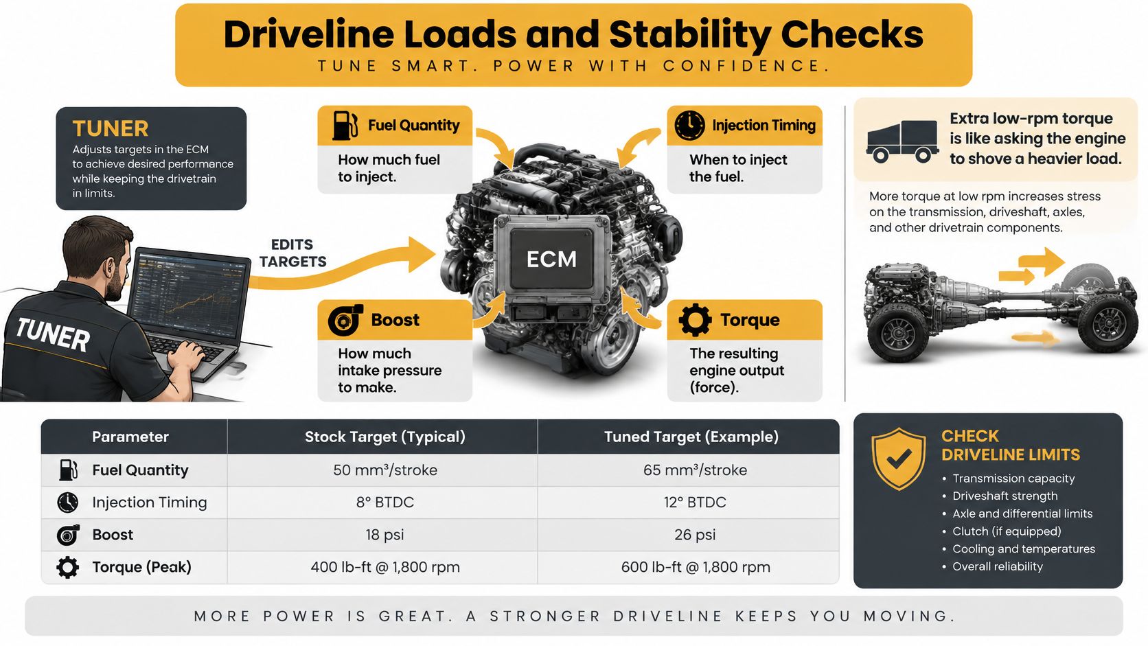 An infographic explaining how a tuner adjusts ECM settings to increase truck performance while monitoring driveline load limits.
