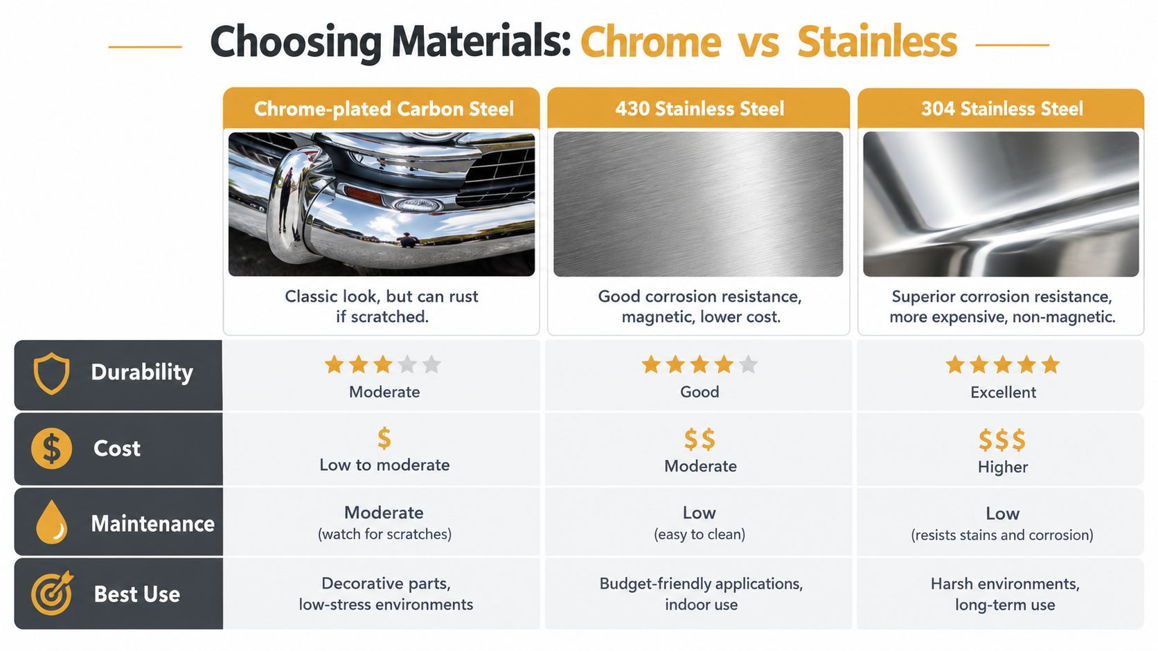 A comparison chart showing the differences between chrome-plated carbon steel, 430 stainless steel, and 304 stainless steel materials.