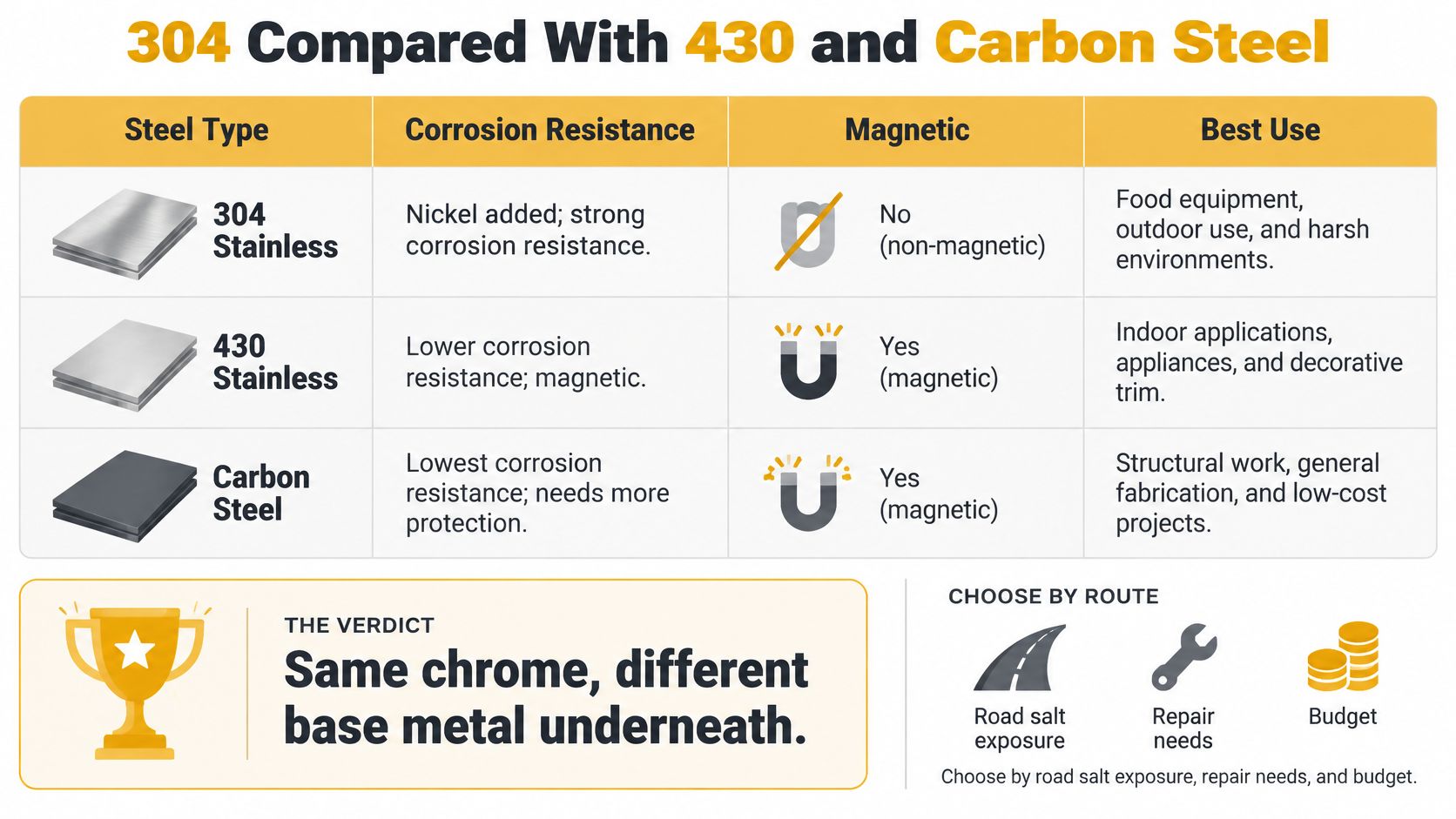 A comparison table detailing the properties of 304 stainless steel, 430 stainless steel, and carbon steel.