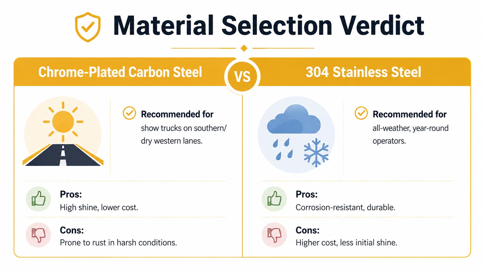 A comparison chart showing the differences between chrome-plated carbon steel and 304 stainless steel for truck bumpers.