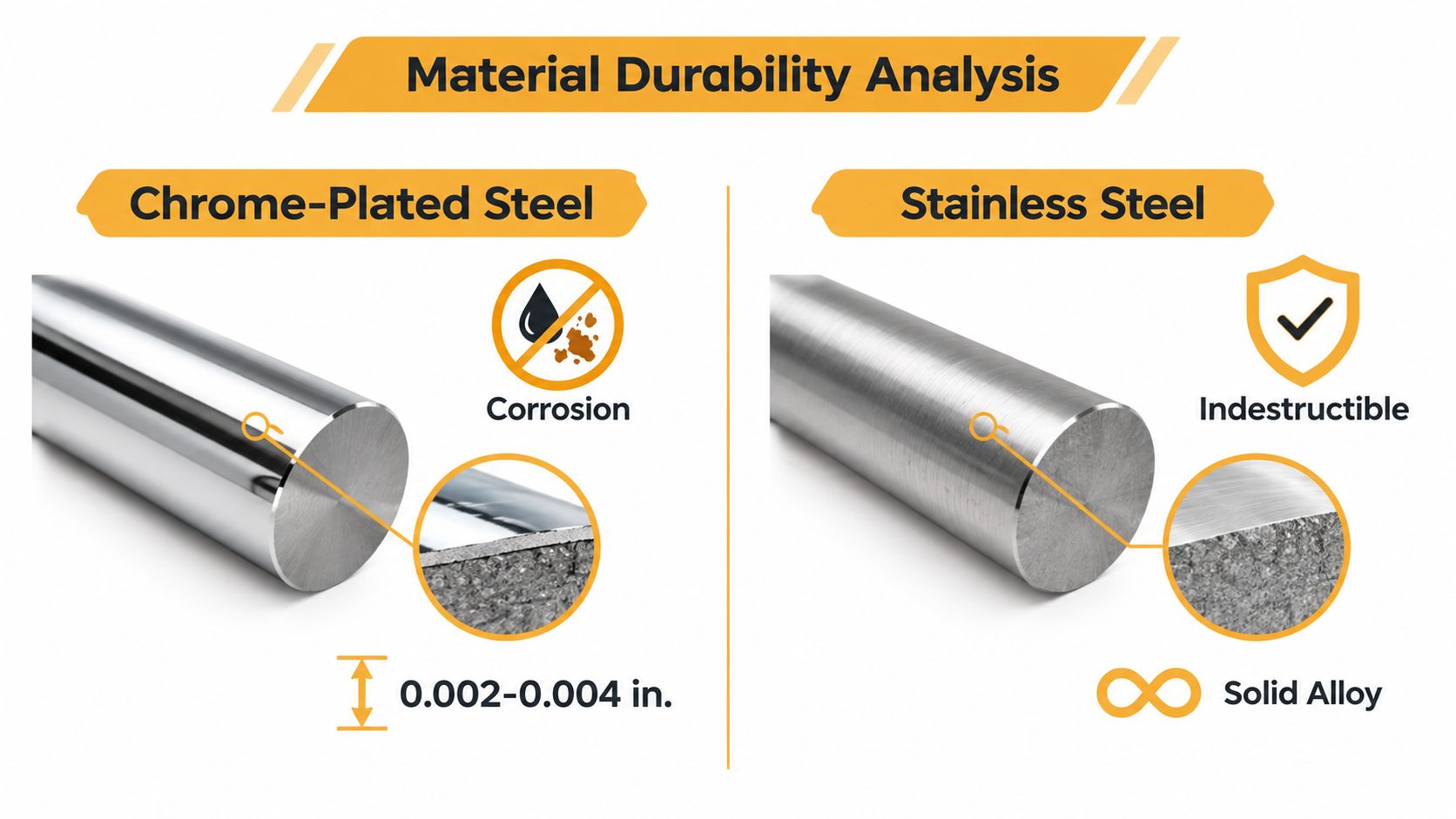 A comparison chart showing that stainless steel is more durable than chrome-plated steel for truck accessories.