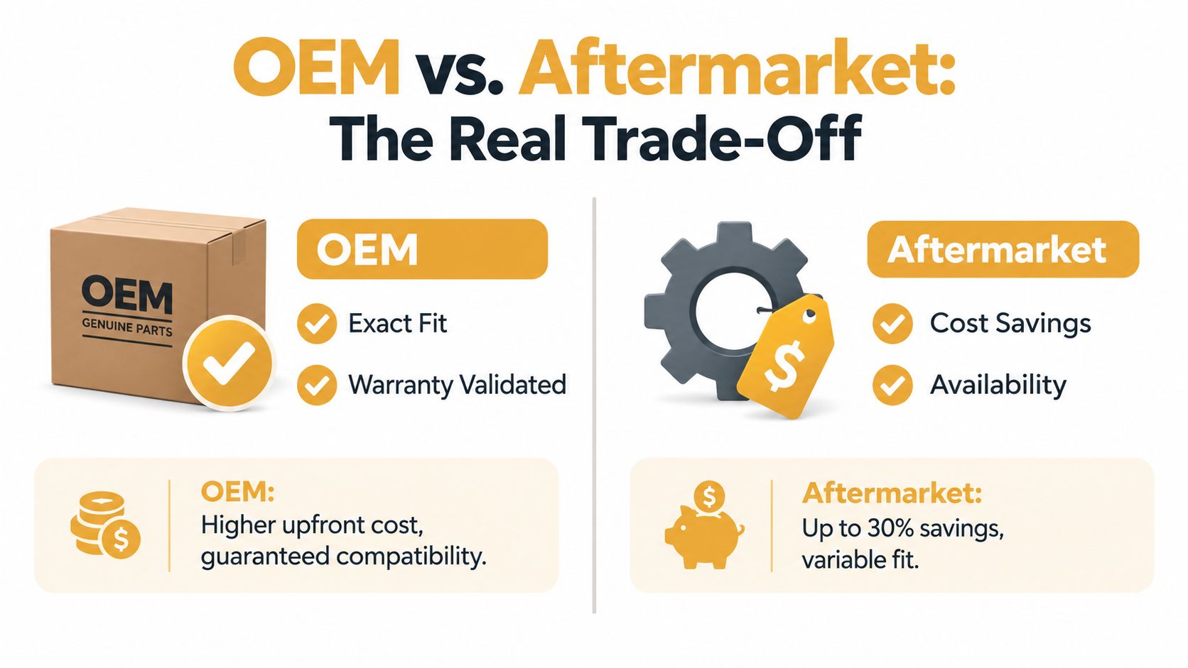 A comparison chart showing the benefits and trade-offs of choosing OEM versus aftermarket truck parts.
