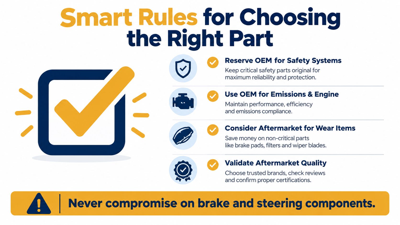 An infographic showing smart rules for choosing between OEM and aftermarket automotive parts for trucks.