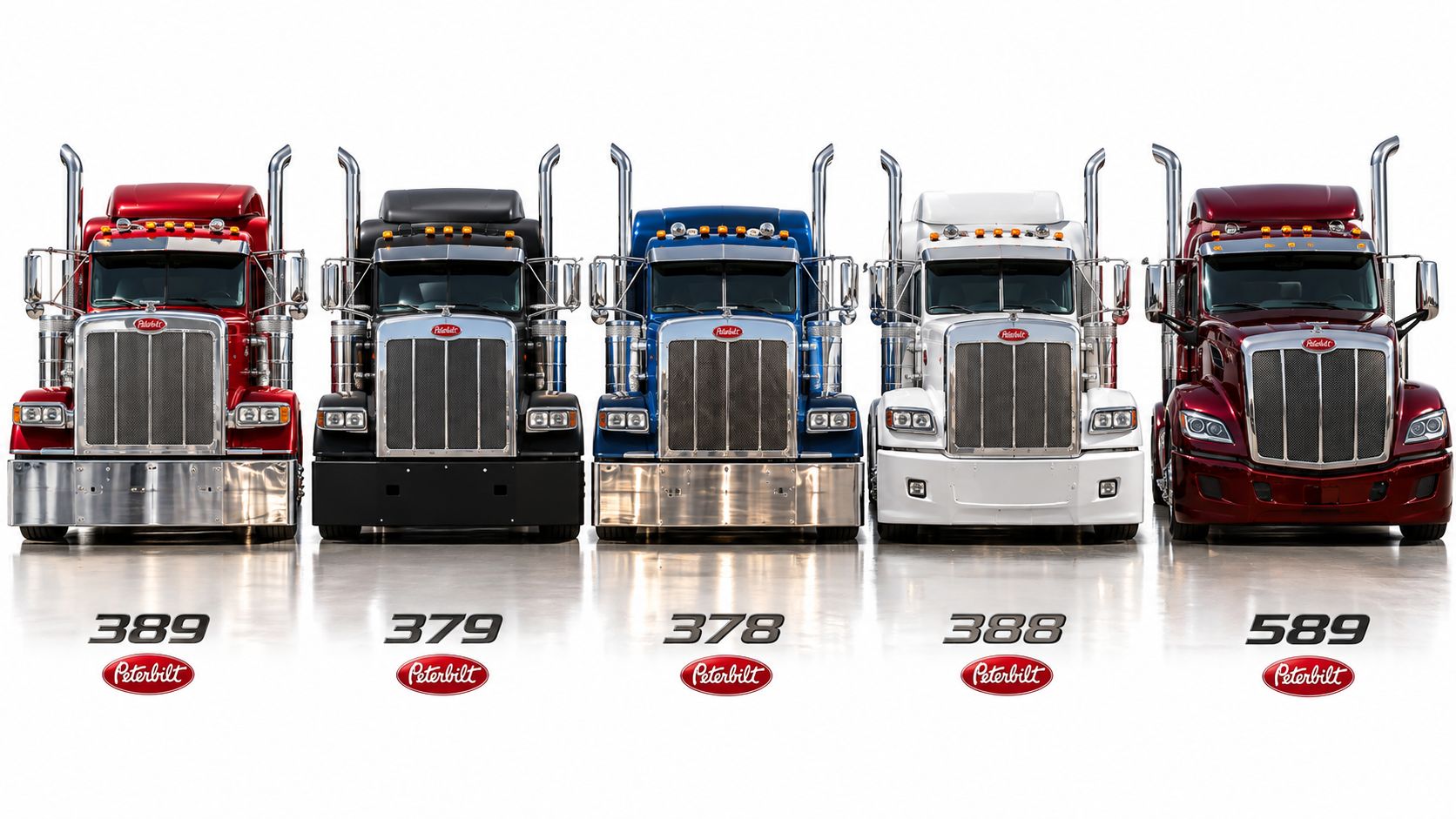 A lineup of five Peterbilt semi-trucks parked side by side in a studio, showcasing various front grill models.