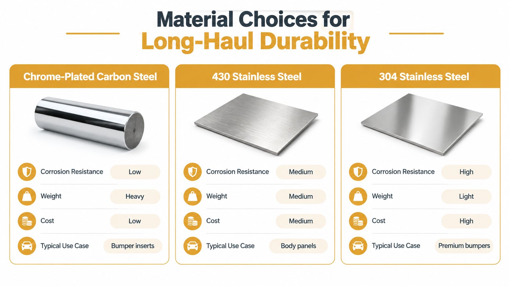 A comparison chart of material choices for long-haul durability, including chrome-plated carbon steel, 430 stainless steel, and 304 stainless steel.