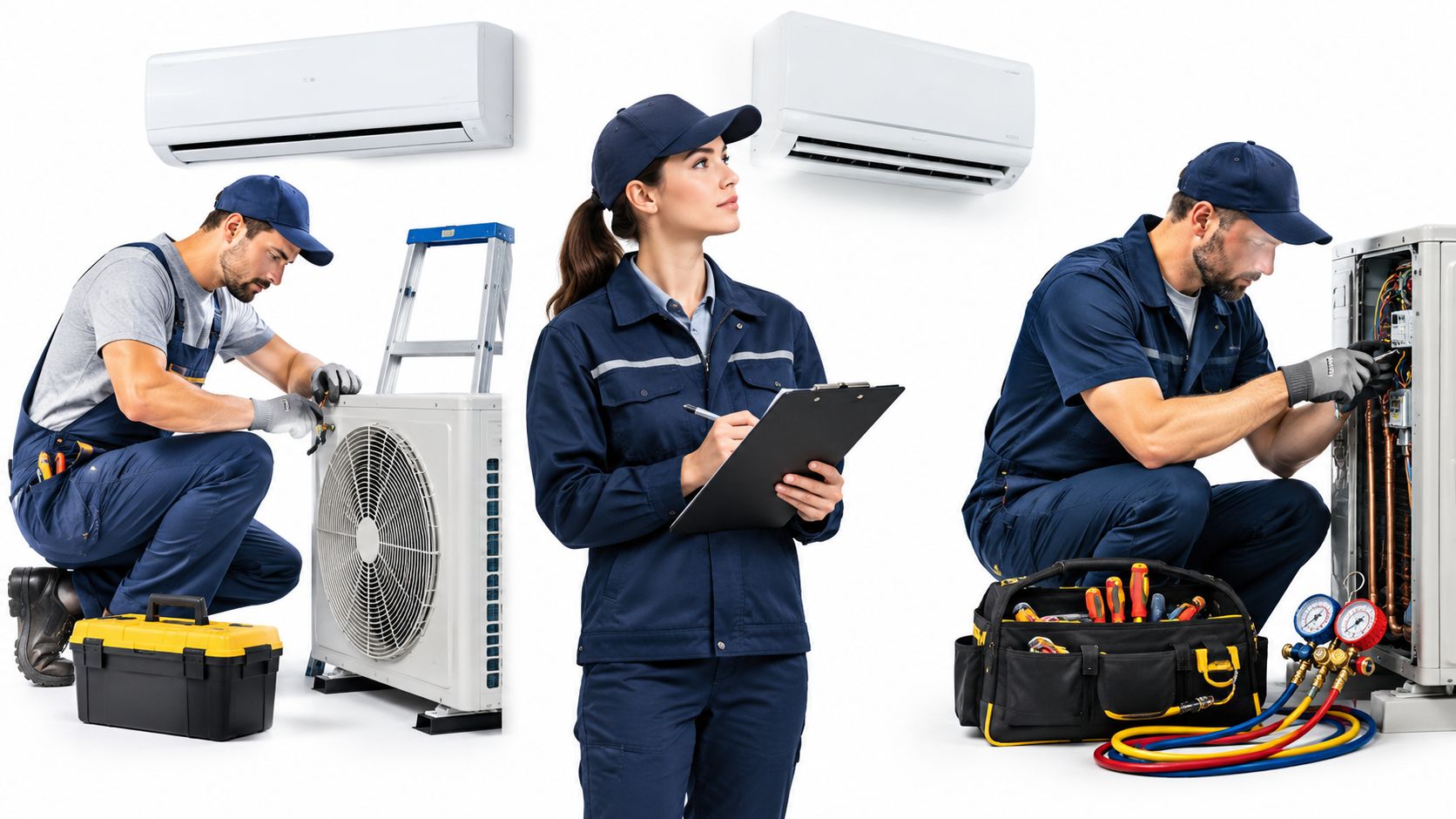 Professional air conditioning technicians in uniforms working on HVAC systems and maintenance equipment in a studio.