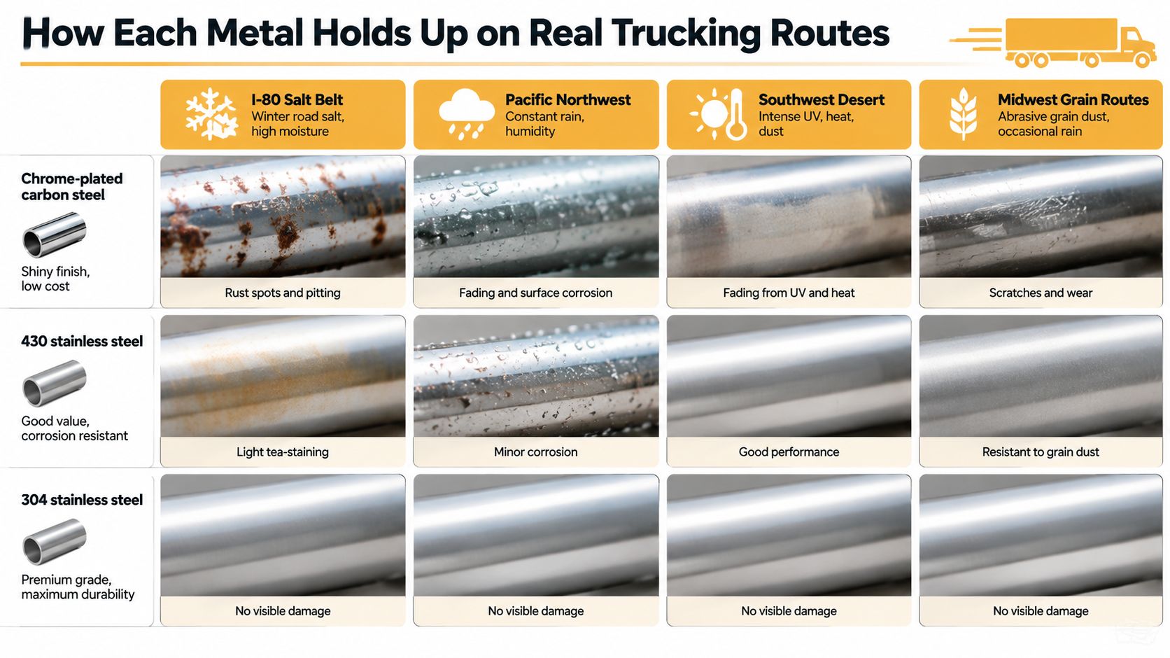 A comparison chart showing how chrome-plated carbon steel, 430, and 304 stainless steel react to various environments.