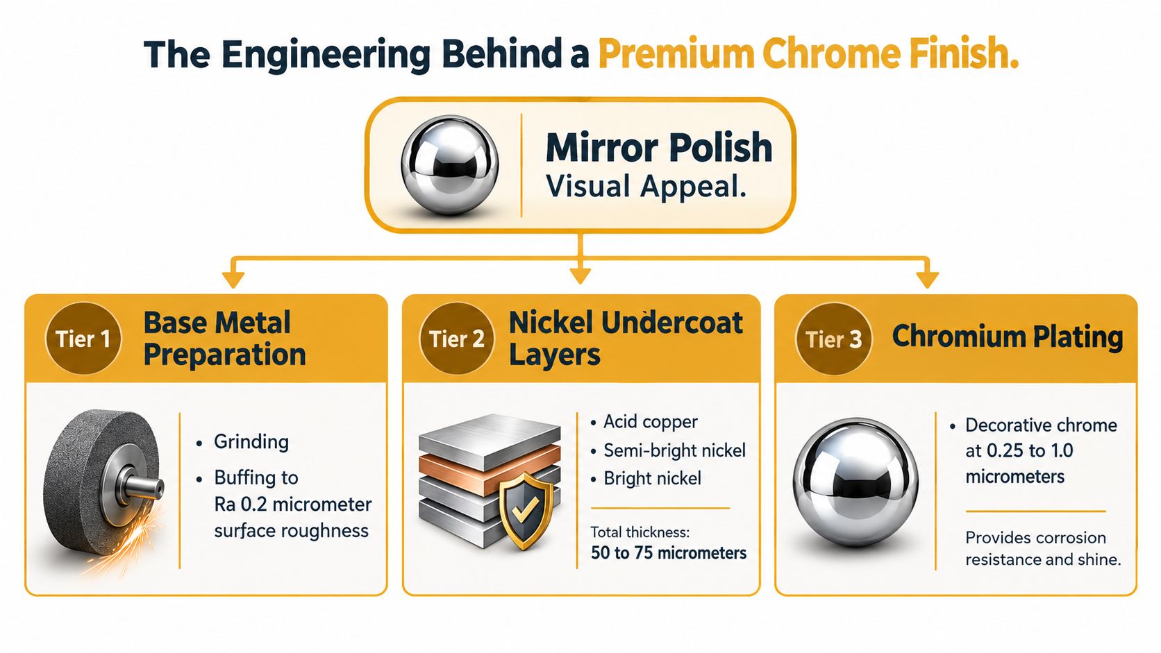 A diagram illustrating the three-tier engineering process to achieve a premium mirror chrome finish on metal components.