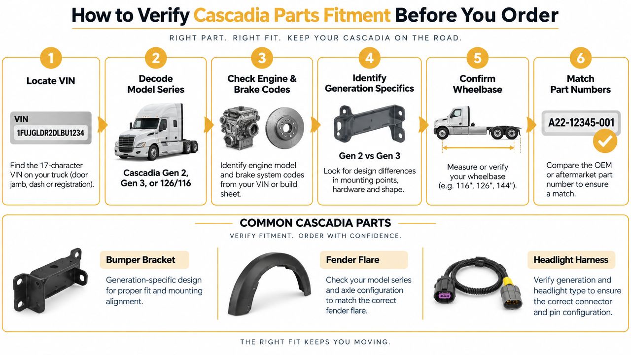 An infographic showing a six-step guide to verifying Freightliner Cascadia truck parts before placing an order.