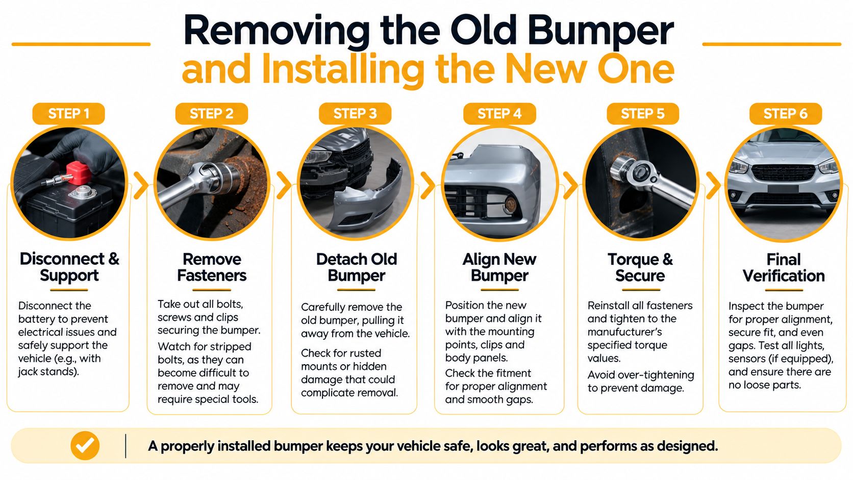 A six-step infographic illustrating the professional process of removing an old vehicle bumper and installing a new one.