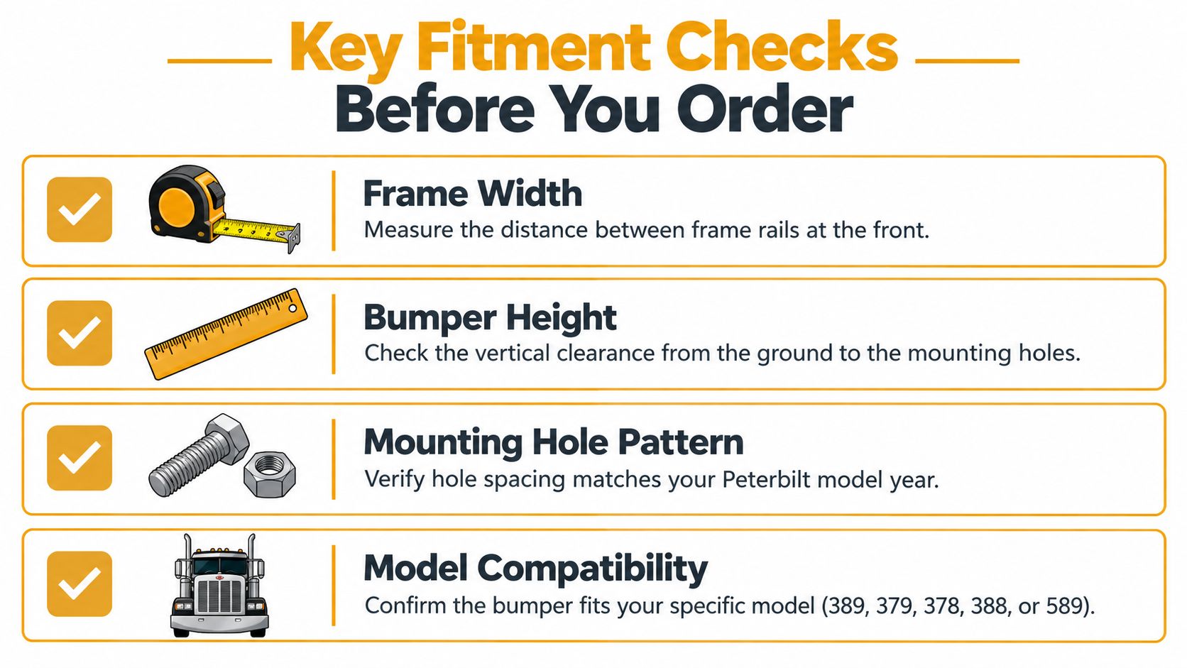 A guide listing four essential fitment checks for ordering a new Peterbilt truck front bumper.