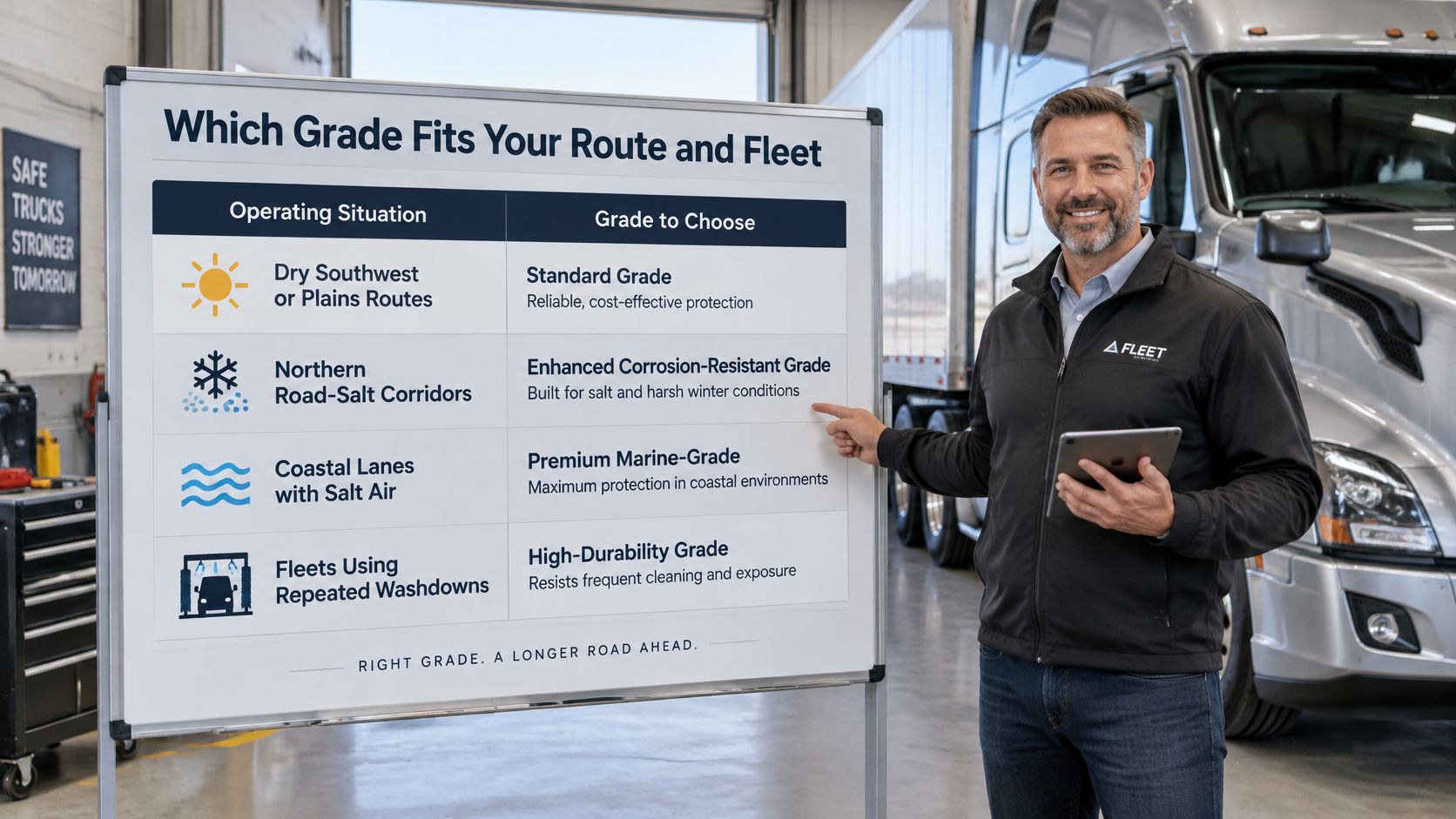 A professional man standing next to a whiteboard chart explaining different truck protection grades for specific environments.