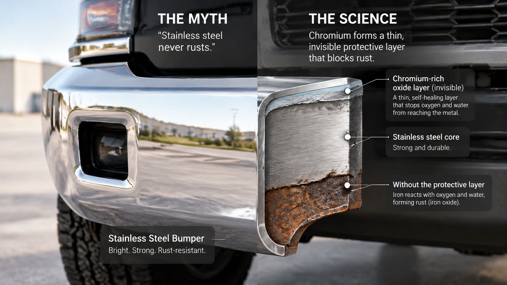 A diagram explaining how a stainless steel bumper prevents rust through a protective chromium-rich oxide layer.