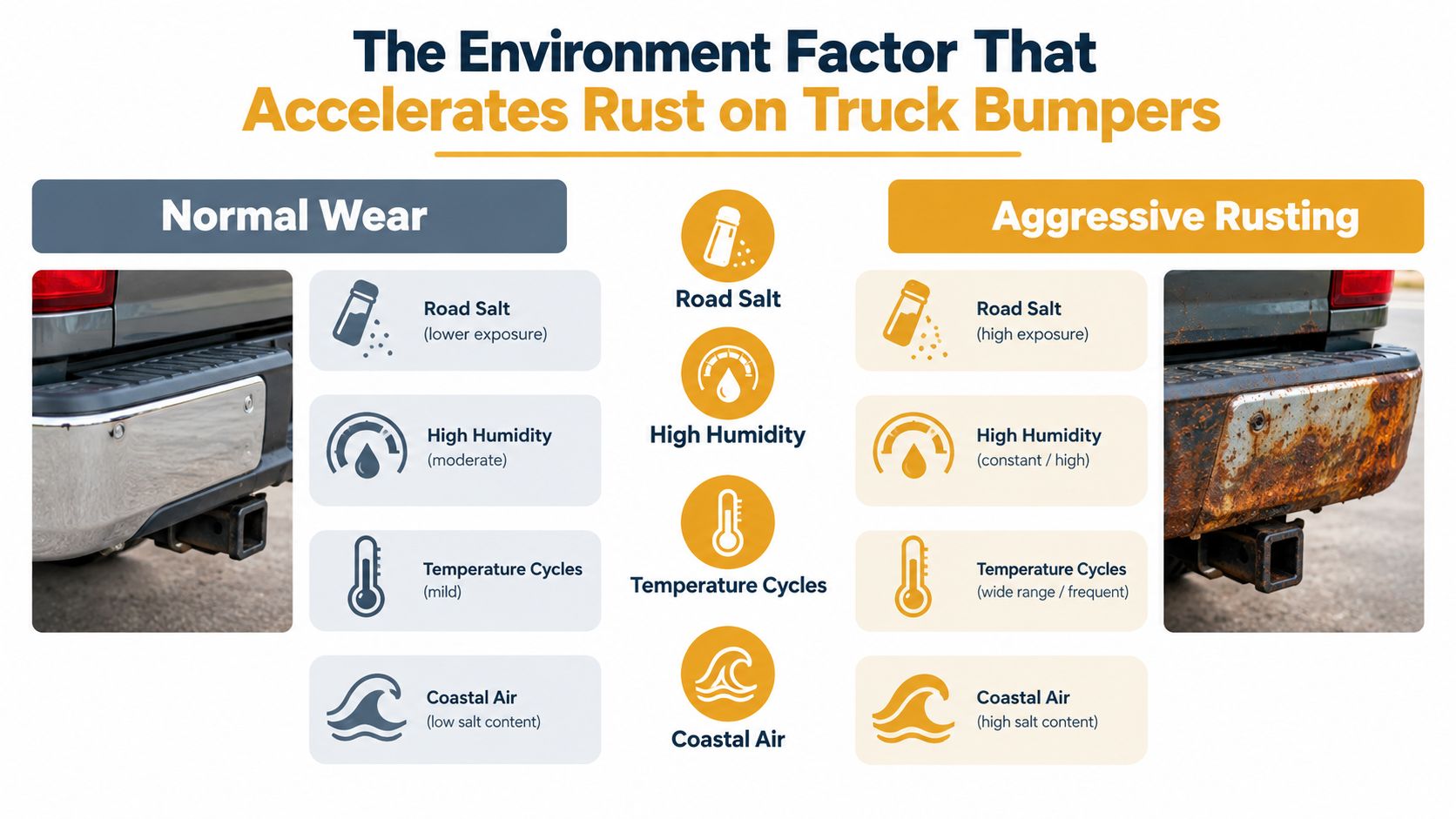 An infographic comparing environmental factors causing normal wear versus aggressive rusting on truck bumpers.