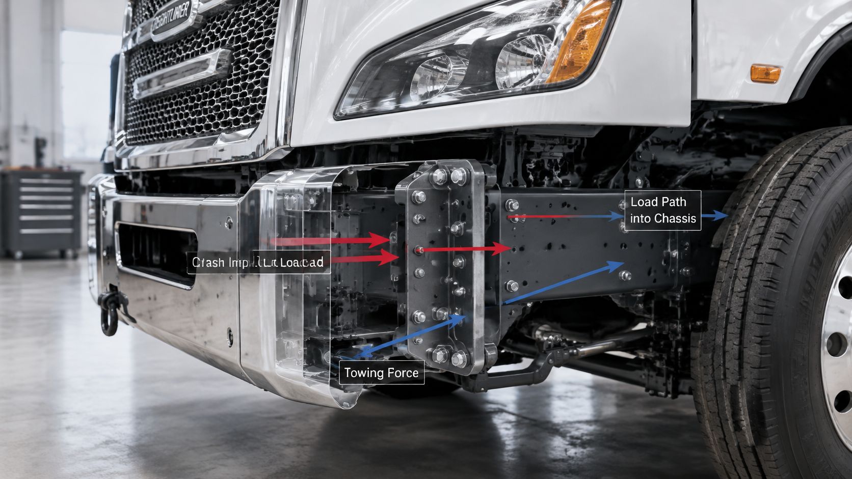 A close-up view of a Freightliner truck front frame highlighting bumper mounting brackets, load paths, and forces.