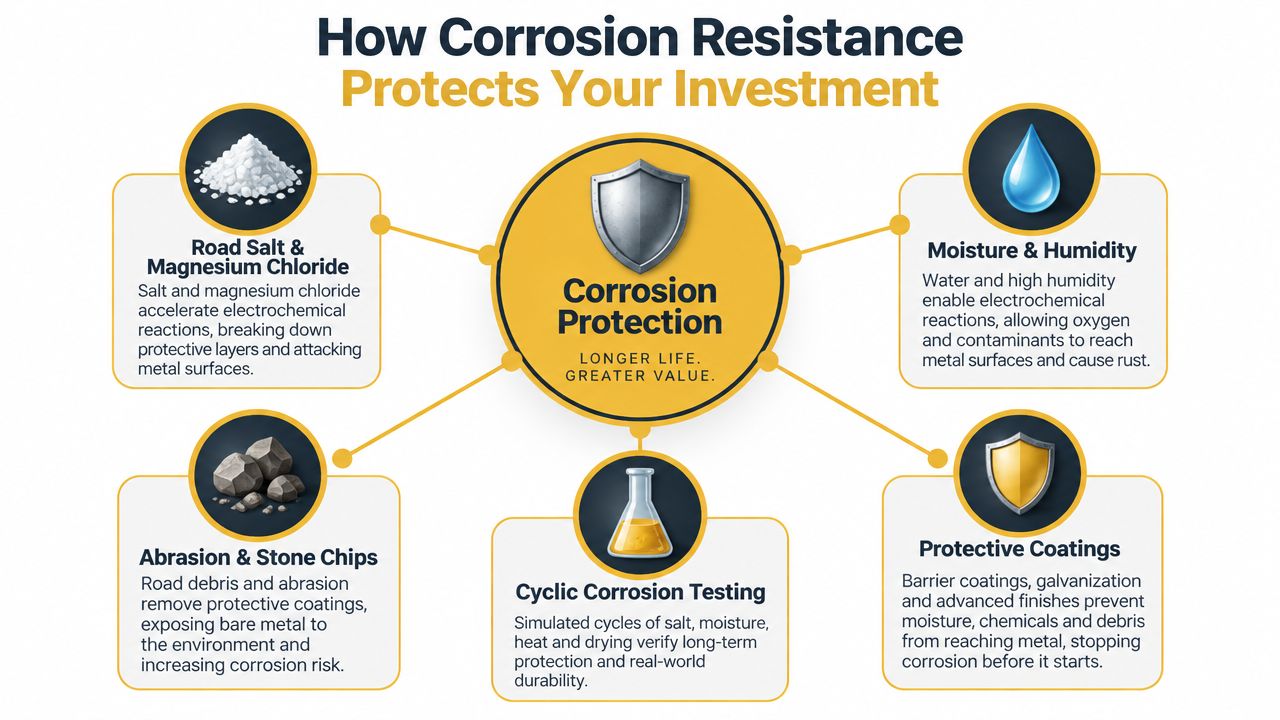 A diagram explaining factors that affect metal corrosion and how protective coatings enhance the durability of heavy equipment.