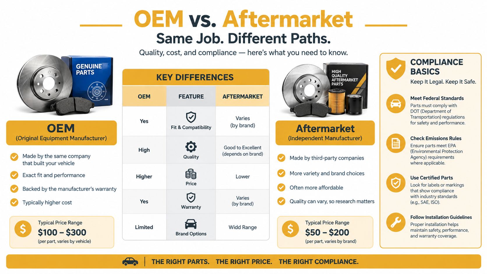 A comparison chart explaining the key differences between OEM and aftermarket automotive parts, including quality and pricing.