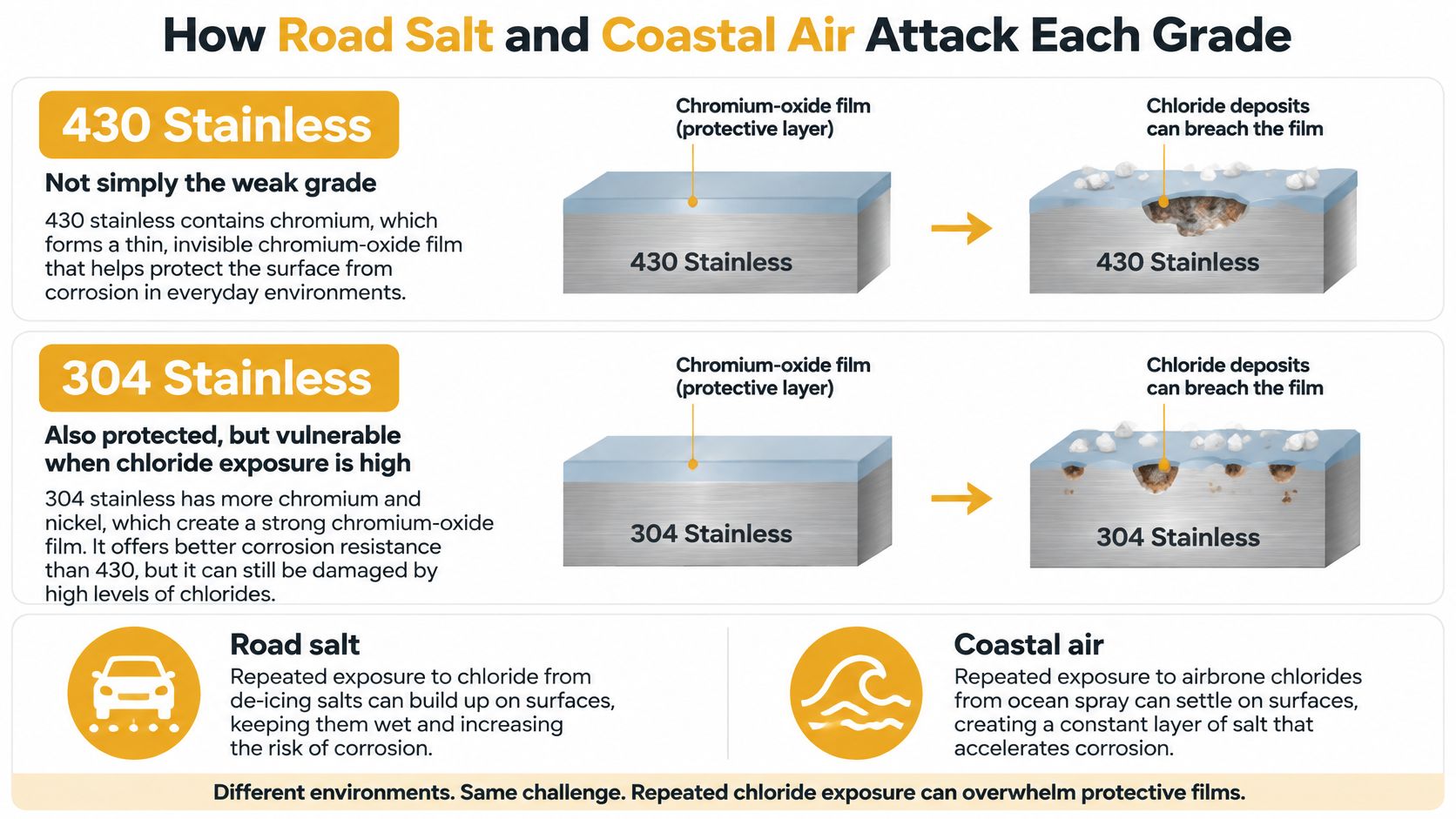 A diagram comparing corrosion resistance between 430 and 304 stainless steel when exposed to road salt and coastal air.