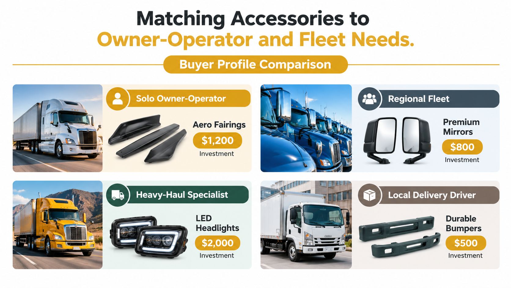 A comparison chart showing various truck accessories matched to different types of professional truck drivers and their vehicles.