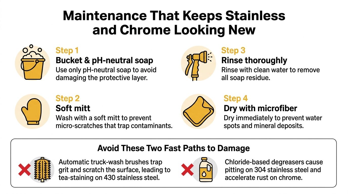 An infographic detailing four steps to maintain stainless steel and chrome surfaces plus two damaging cleaning methods.