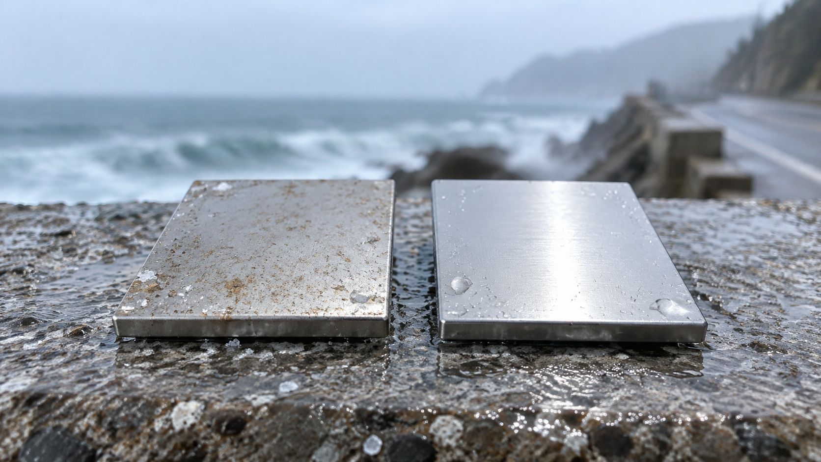 Comparison of two rectangular stainless steel plates on a rocky wall near the ocean coast.