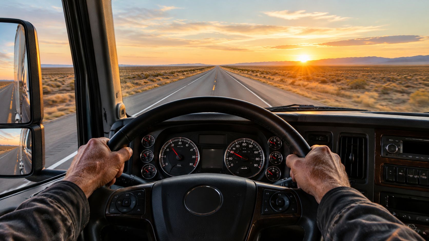 A truck driver holding the steering wheel while driving down a desert highway during a beautiful sunset.