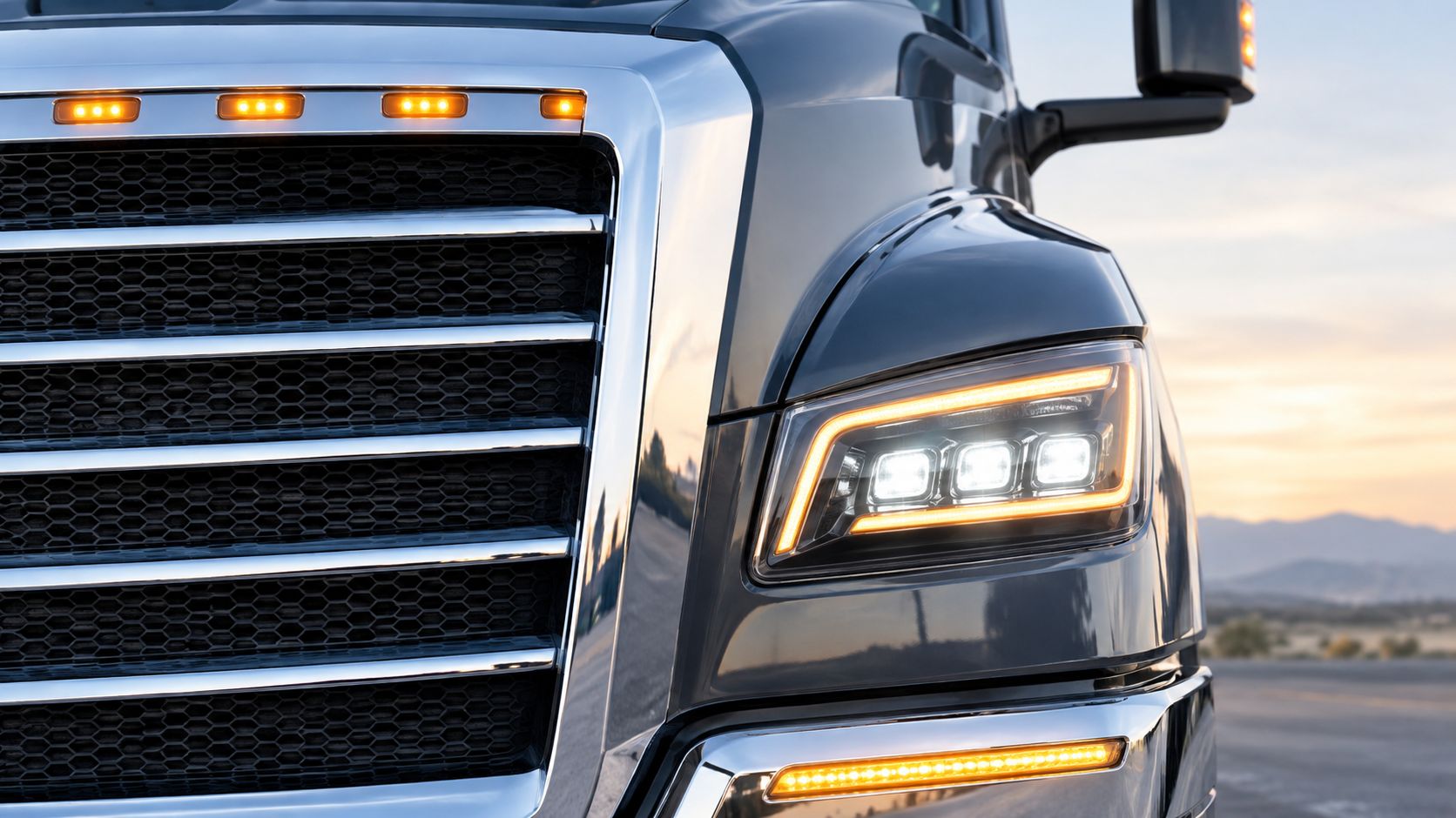 A close-up view of the chrome grille and LED headlight assembly of a modern semi-truck.