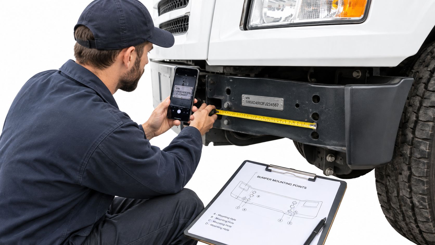 A mechanic in uniform inspecting a semi-truck bumper while using a smartphone and checking a technical diagram.
