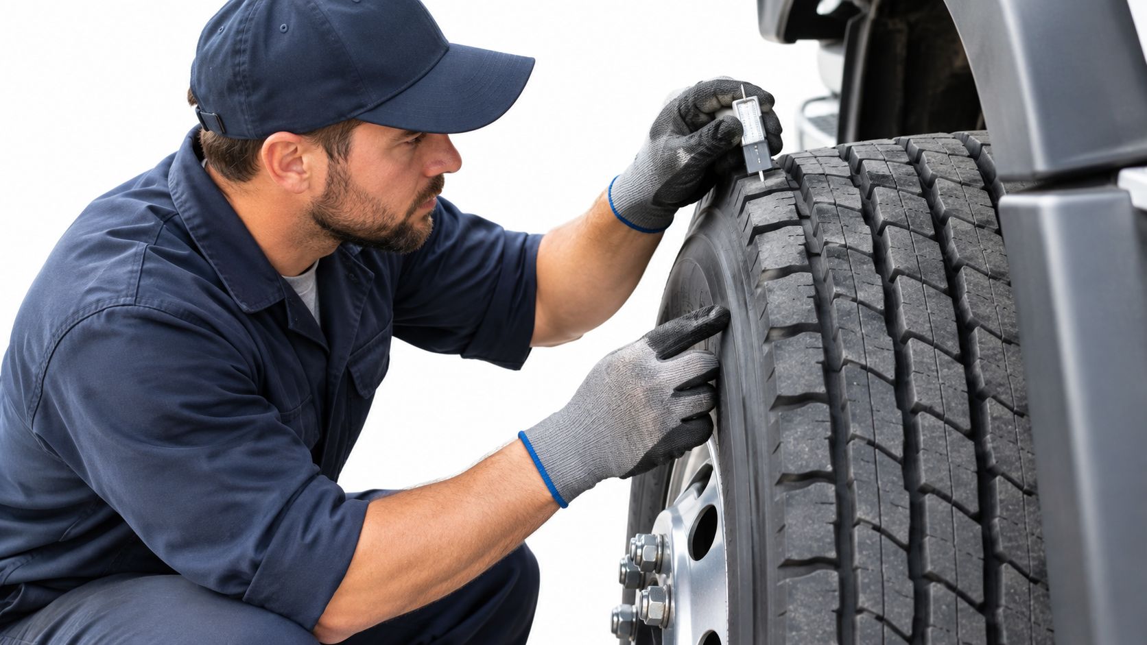 A professional mechanic in a blue uniform inspecting truck tire tread depth with a gauge.