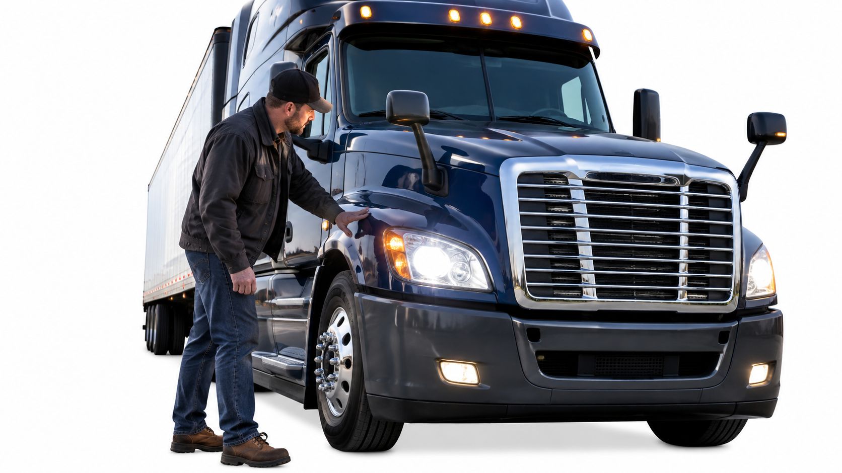 A truck driver checking a semi-truck headlight during a walk-around.